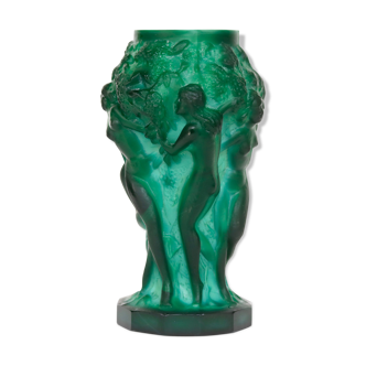 Glass vase decorated with bacchantes. Hoffman to Schlevogt 1930. Malachite green
