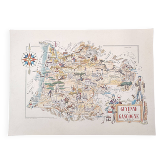 Carte ancienne Sud de la France illustrée  Jacques Liozu 1951