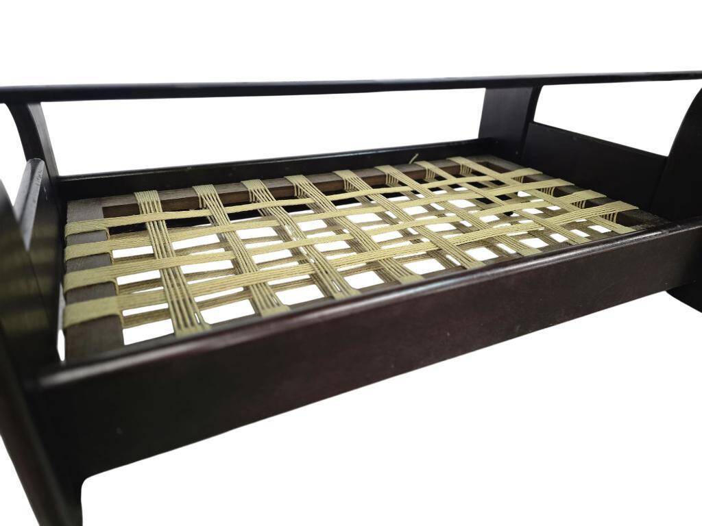 Vintage glass coffee table with dark wood frame