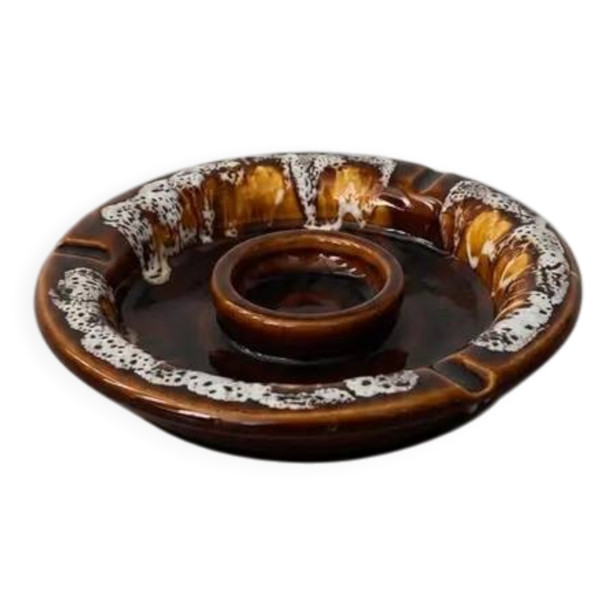 Vintage brown ashtray with drip glaze, 1970s ceramic pottery.