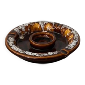 Vintage brown ashtray with drip glaze, 1970s ceramic pottery.