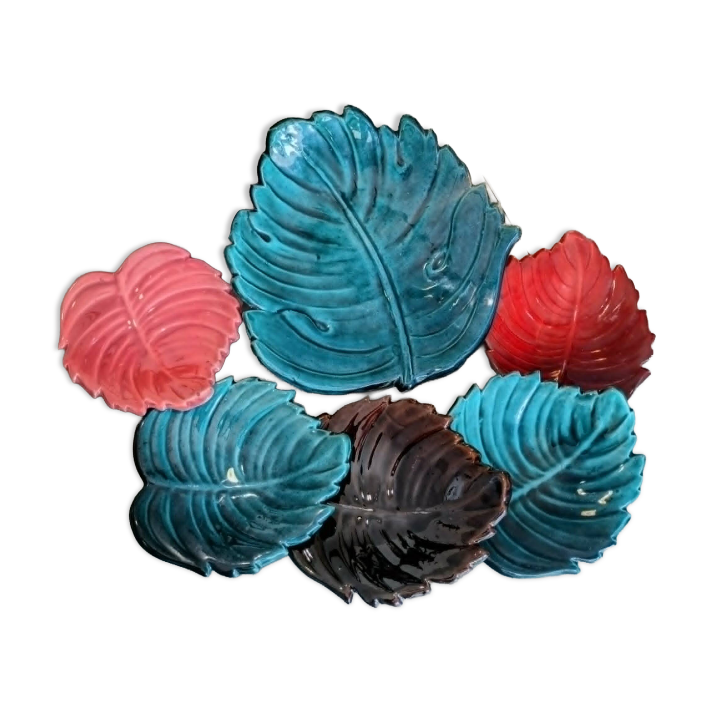 Vallauris signé – Coupelles et grand plat feuilles tropicales déco vintage