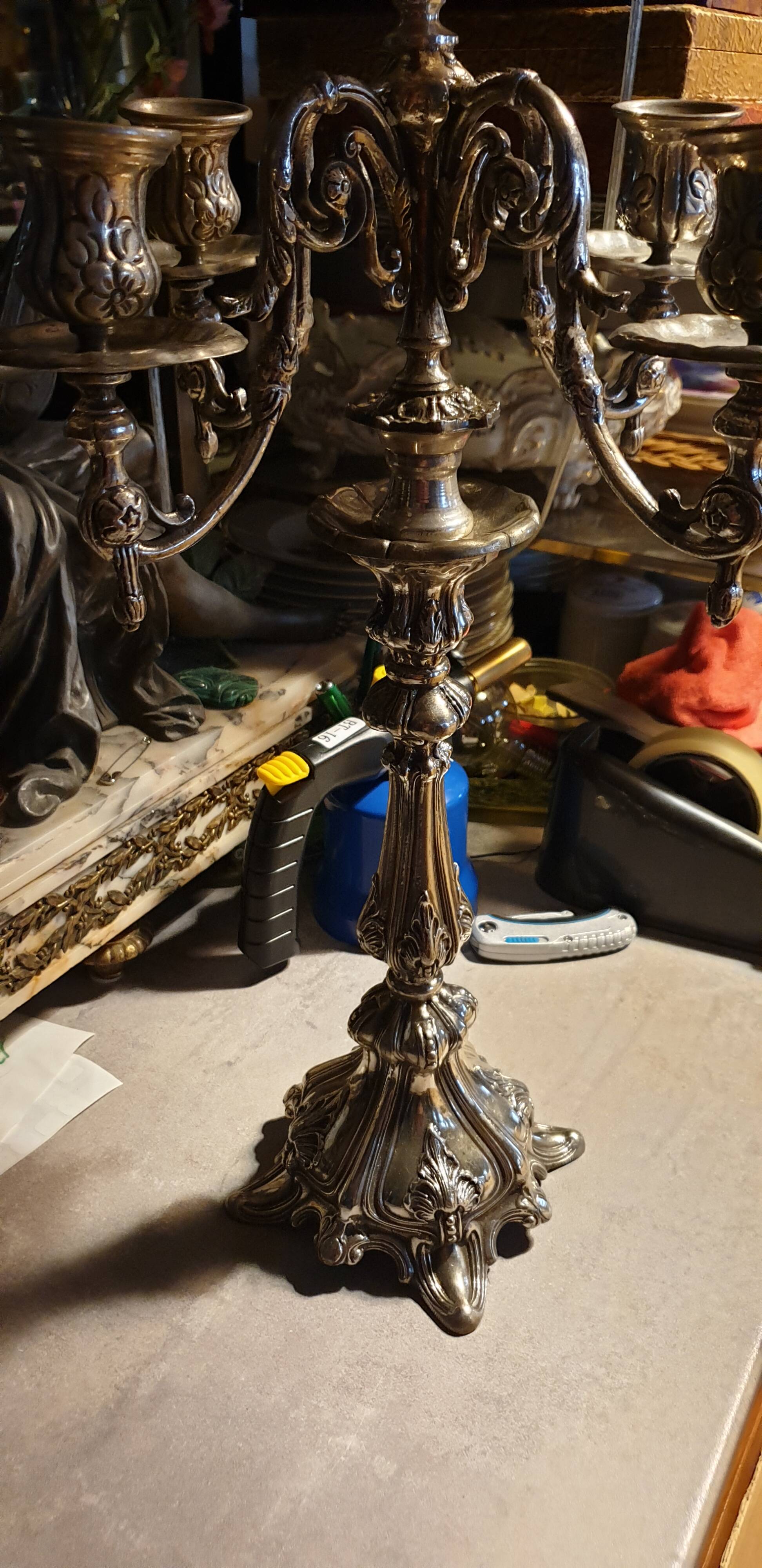 Silver metal candlestick 5 lights baroque style