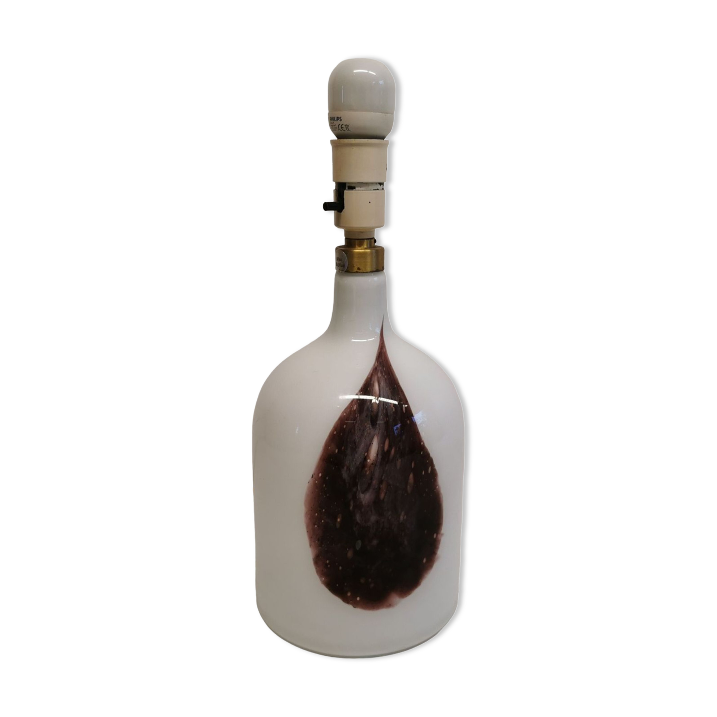 Older table lamp in milky white opaline glass with purple pattern / details from danish holmegaard.