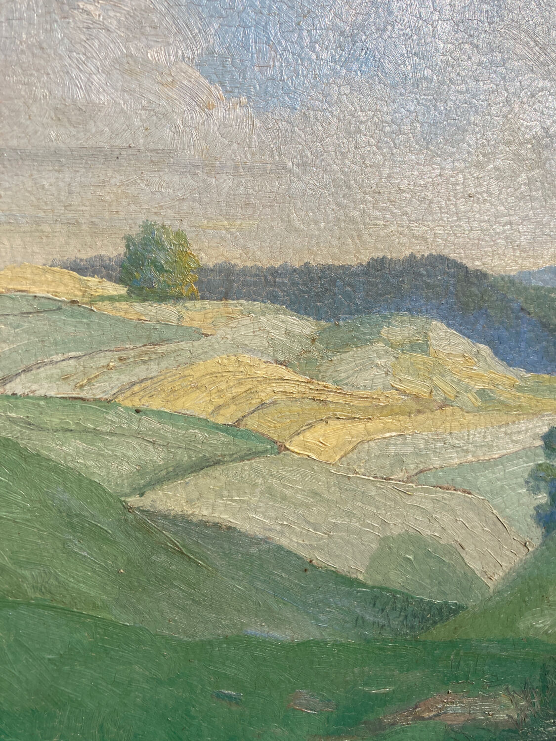 Old oil painting on wood panel / painting of a landscape