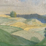 Old oil painting on wood panel / painting of a landscape
