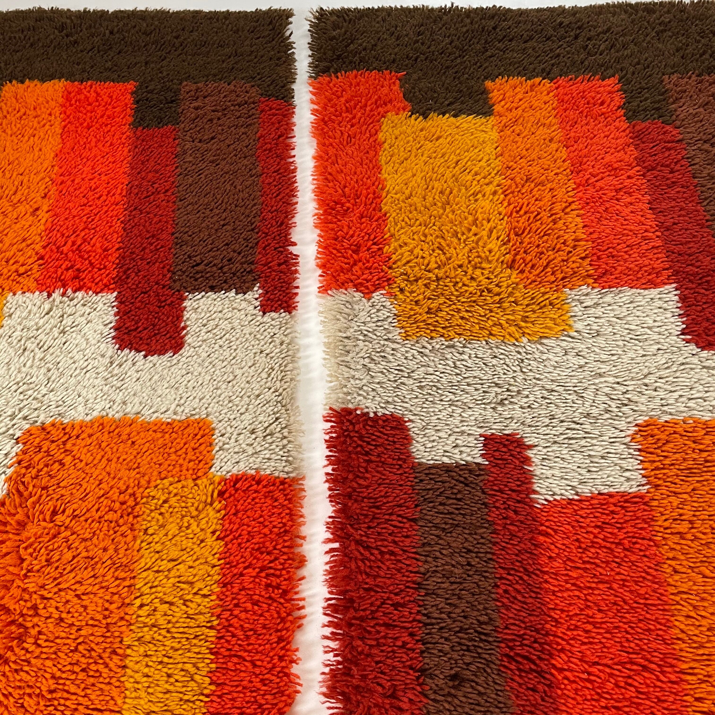 Set of 2 modernist multi-color high pile rya rug by desso, netherlands, 1970s