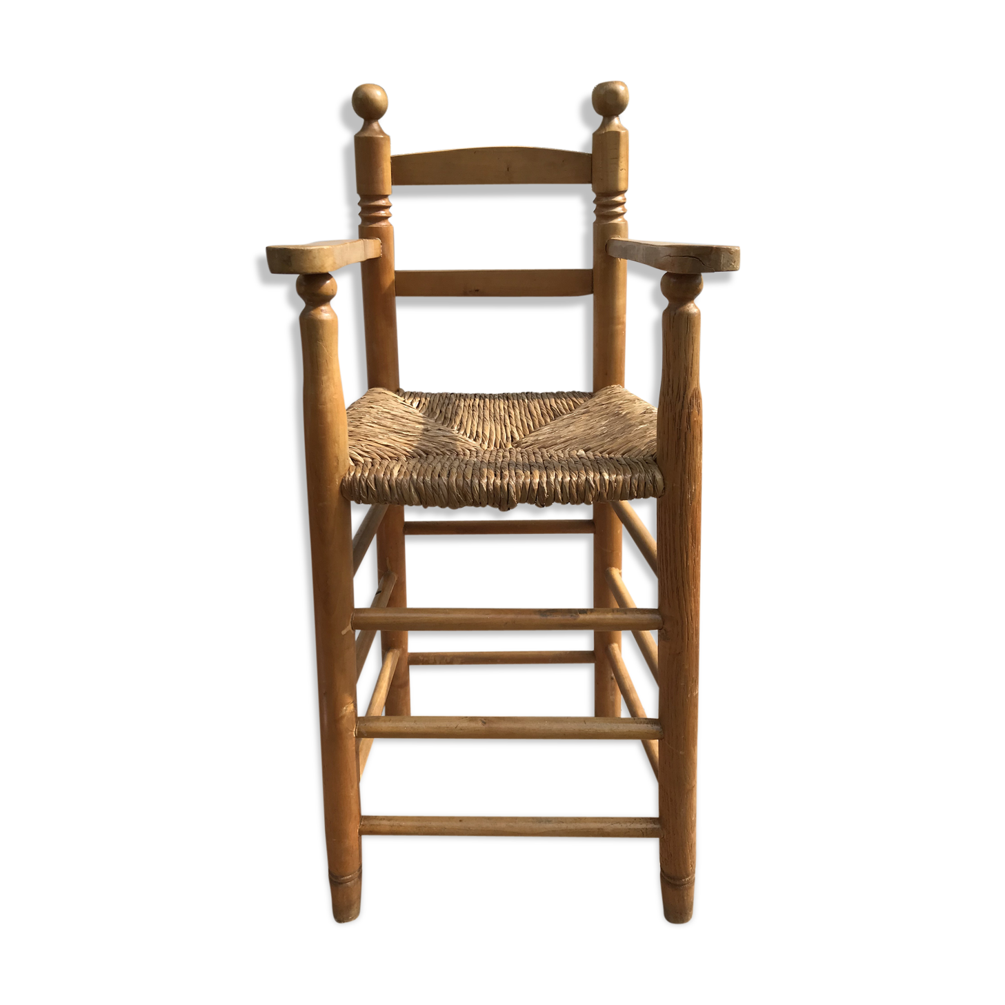 Chaise haute ancienne enfant années 50 en bois & paille vintage  Selency