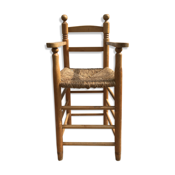 Chaise haute ancienne enfant années 50 en bois & paille vintage  Selency