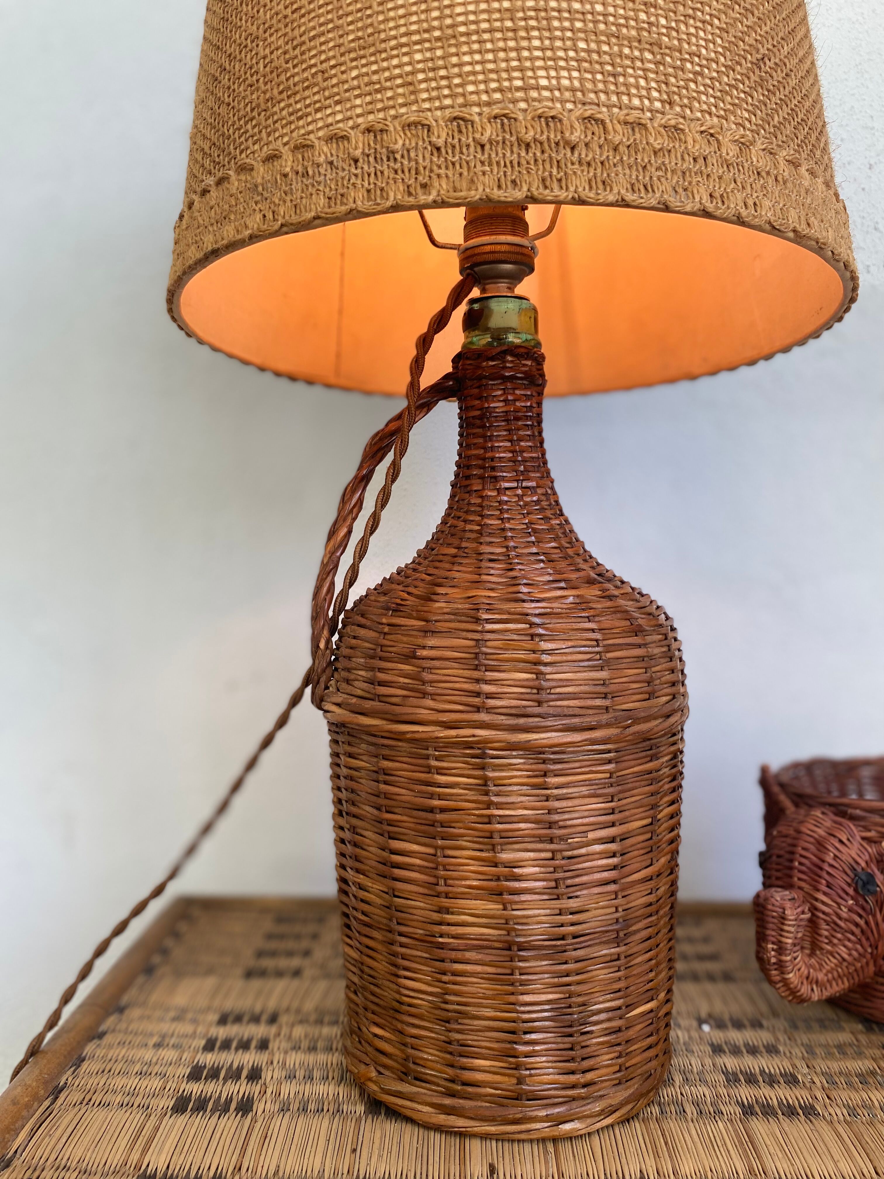 Wicker lamp, jute lampshade, fabric cable 2 m