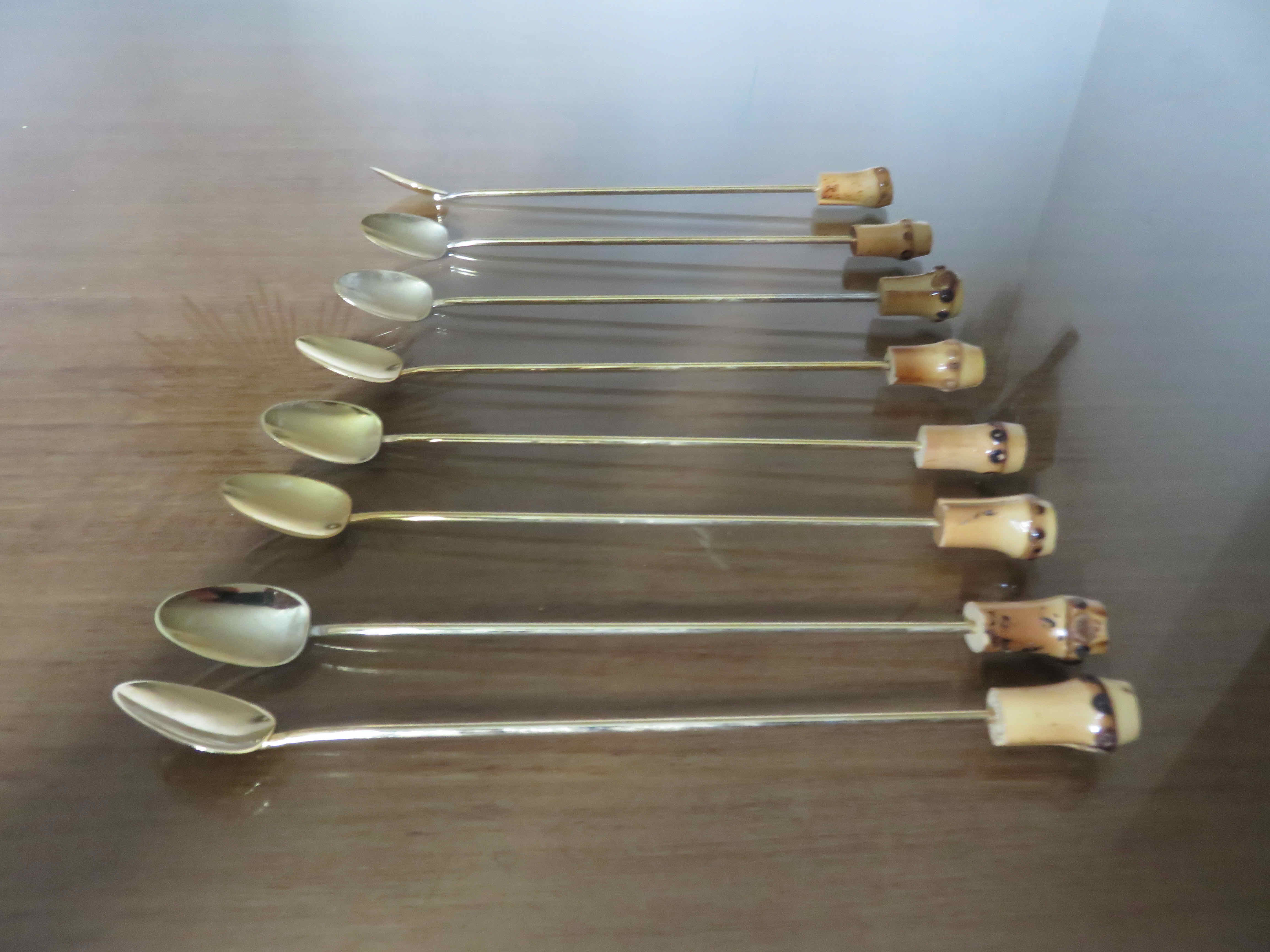 8 cocktail spoons bamboo sleeves gilded with gold late 50s 60s