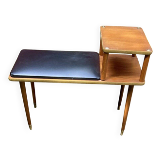 Vintage teak bench with black vinyl seat, 1960s, Czech Republic.