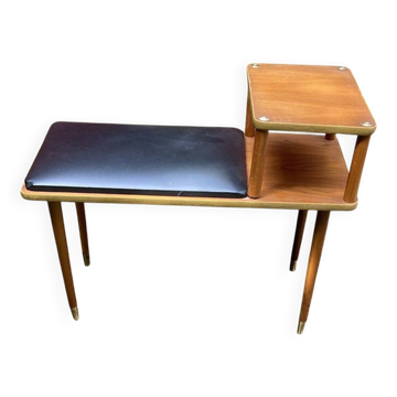 Banc d'appoint vintage en teck avec siège en vinyle noir, années 1960, République tchèque