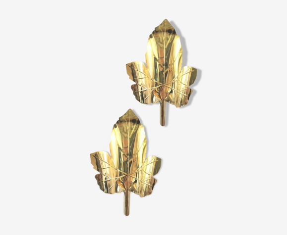 Paire d'appliques feuille dorée design années 70