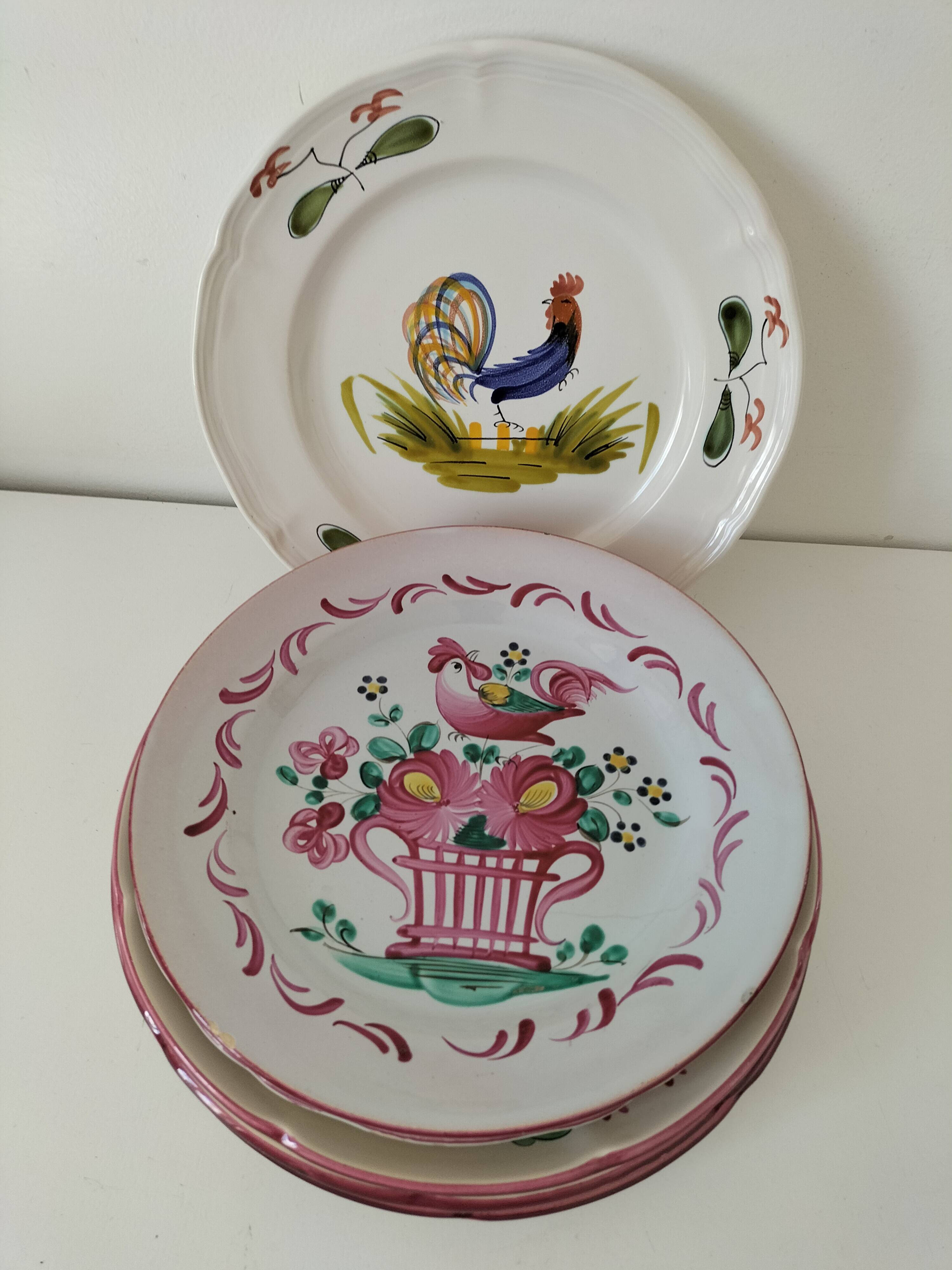 Set of 6 plates with birds and roosters.