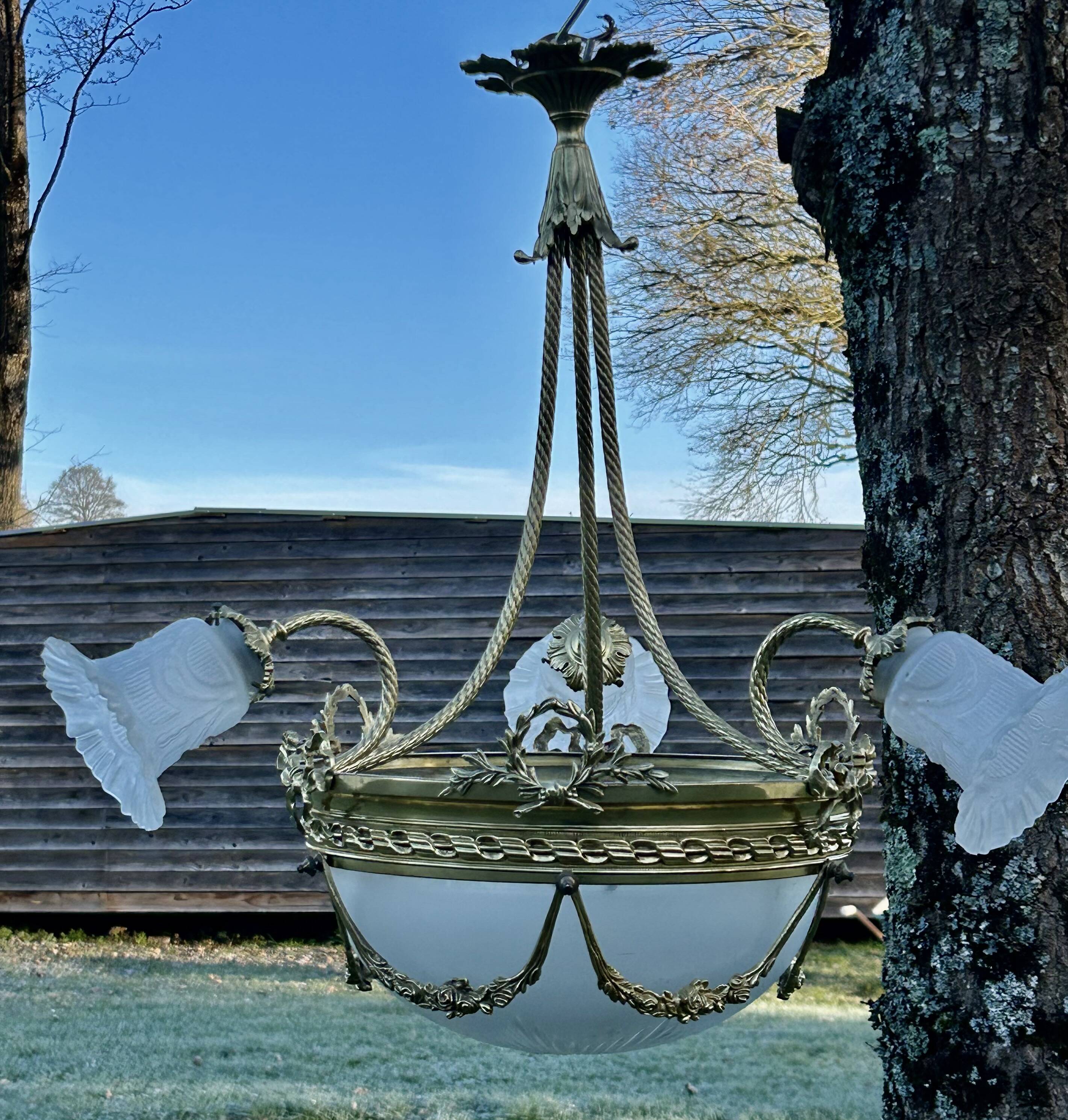 Superbe lustre Bronze Art Déco mélange de style, vers 1930/50, 3 branches 4