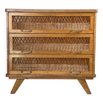 Vintage oak and rattan chest of drawers