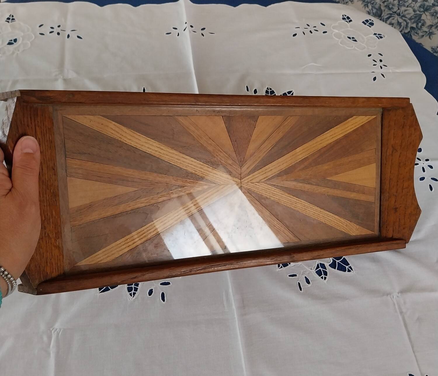 Antique rectangular tray in art deco marquetry wood