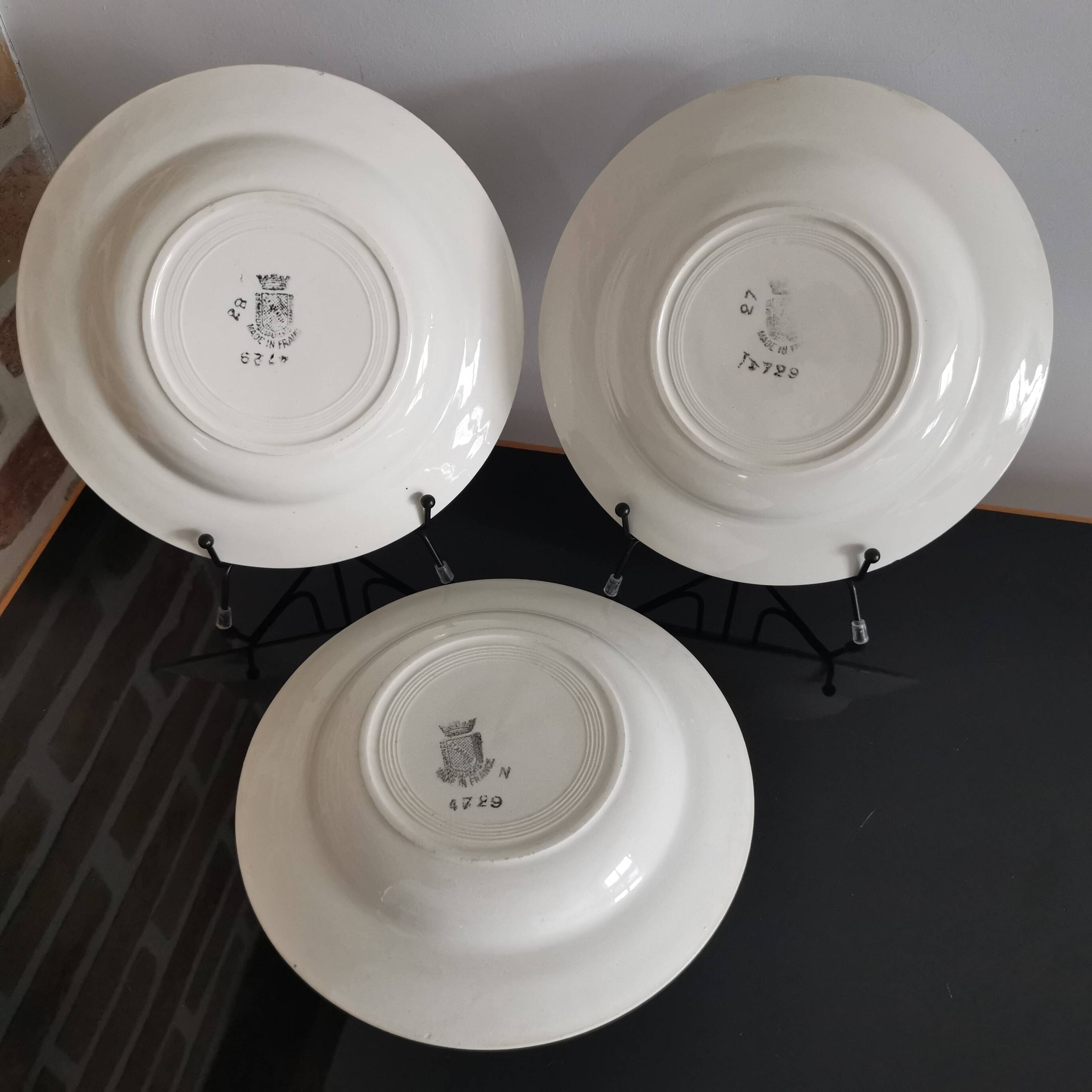3 soup plates with blue frieze & St Amand fans