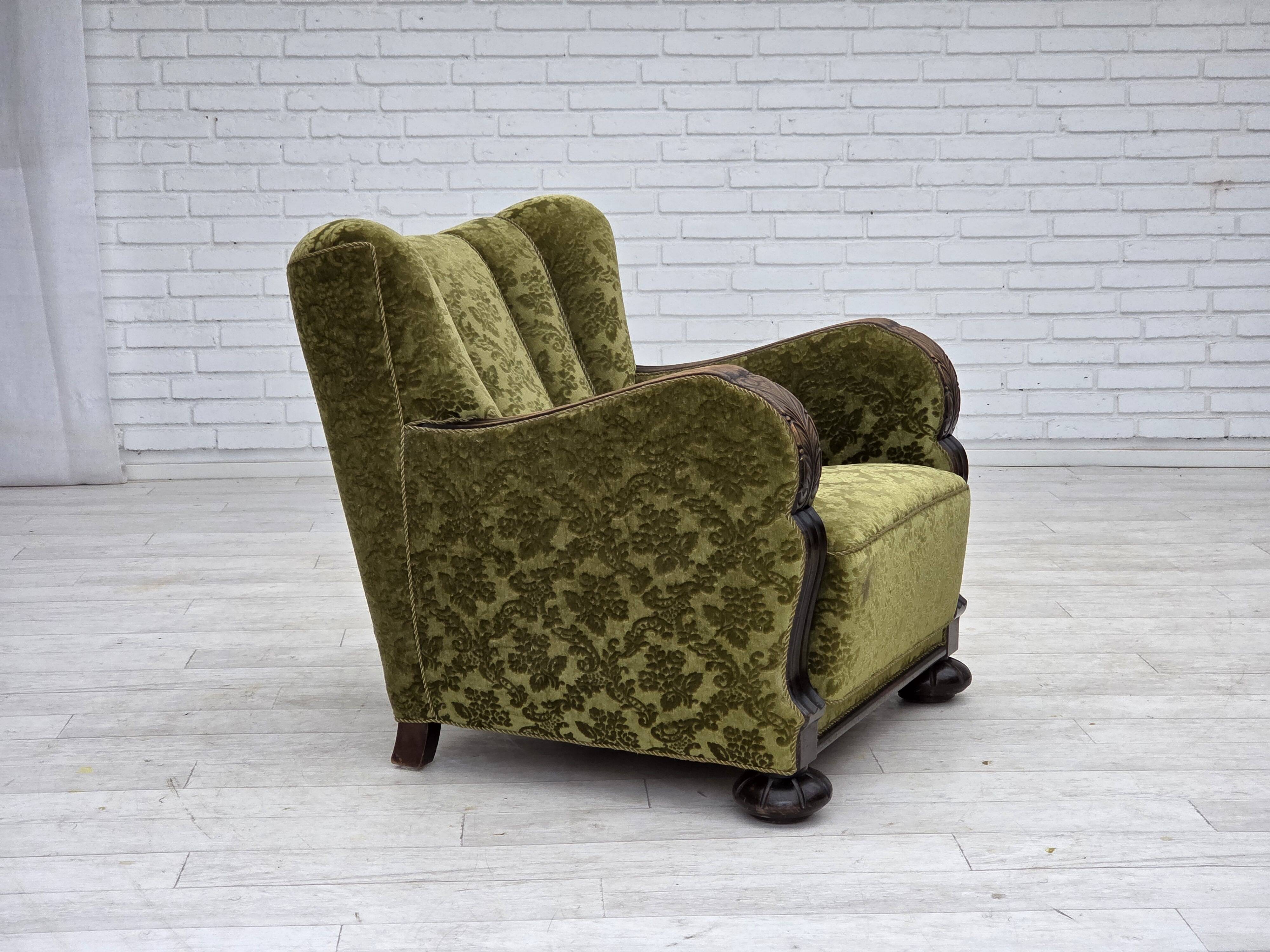 1950s, Danish relax chair, furniture velour, oak wood.