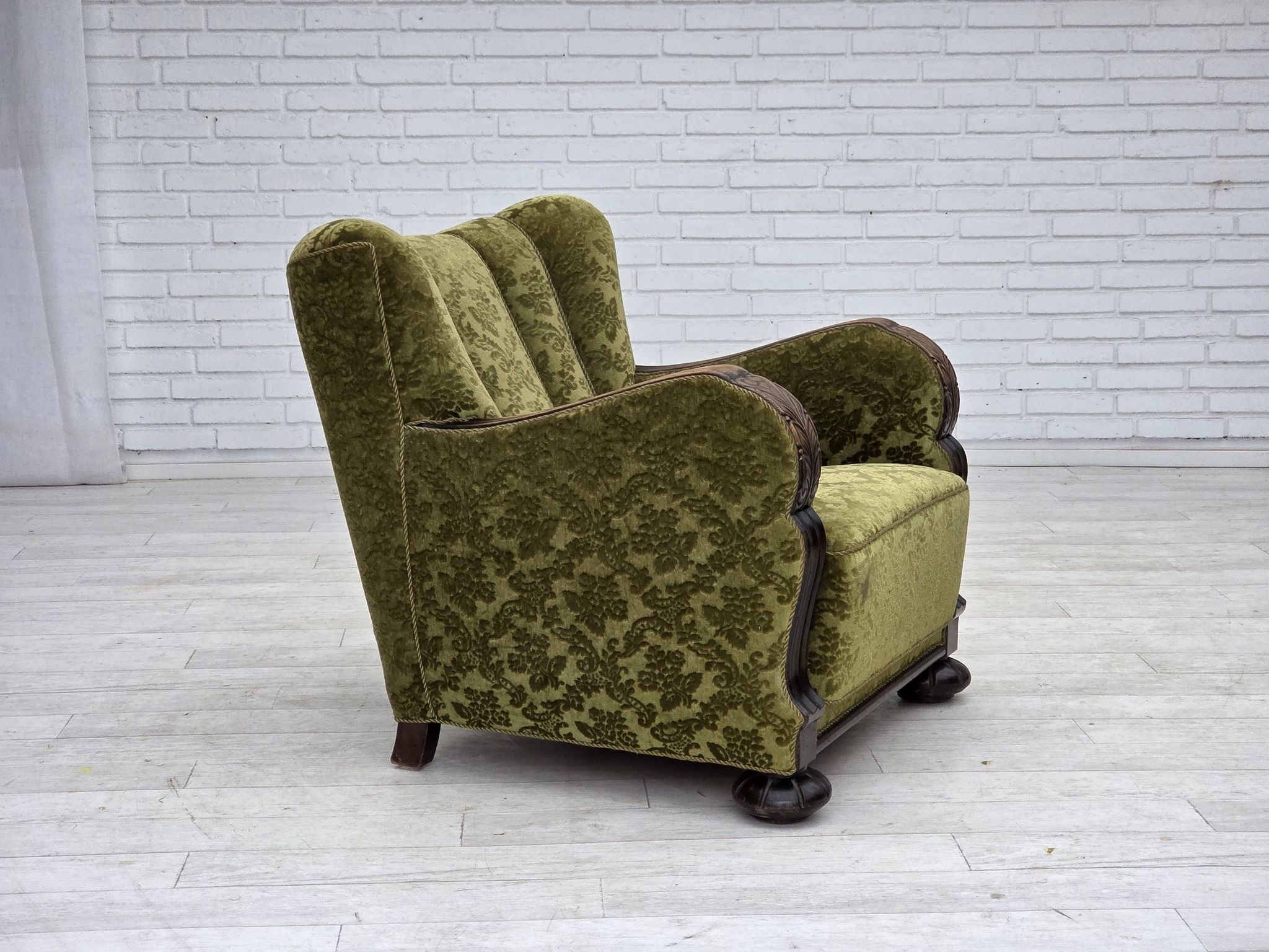 1950s, Danish relax chair, furniture velour, oak wood.