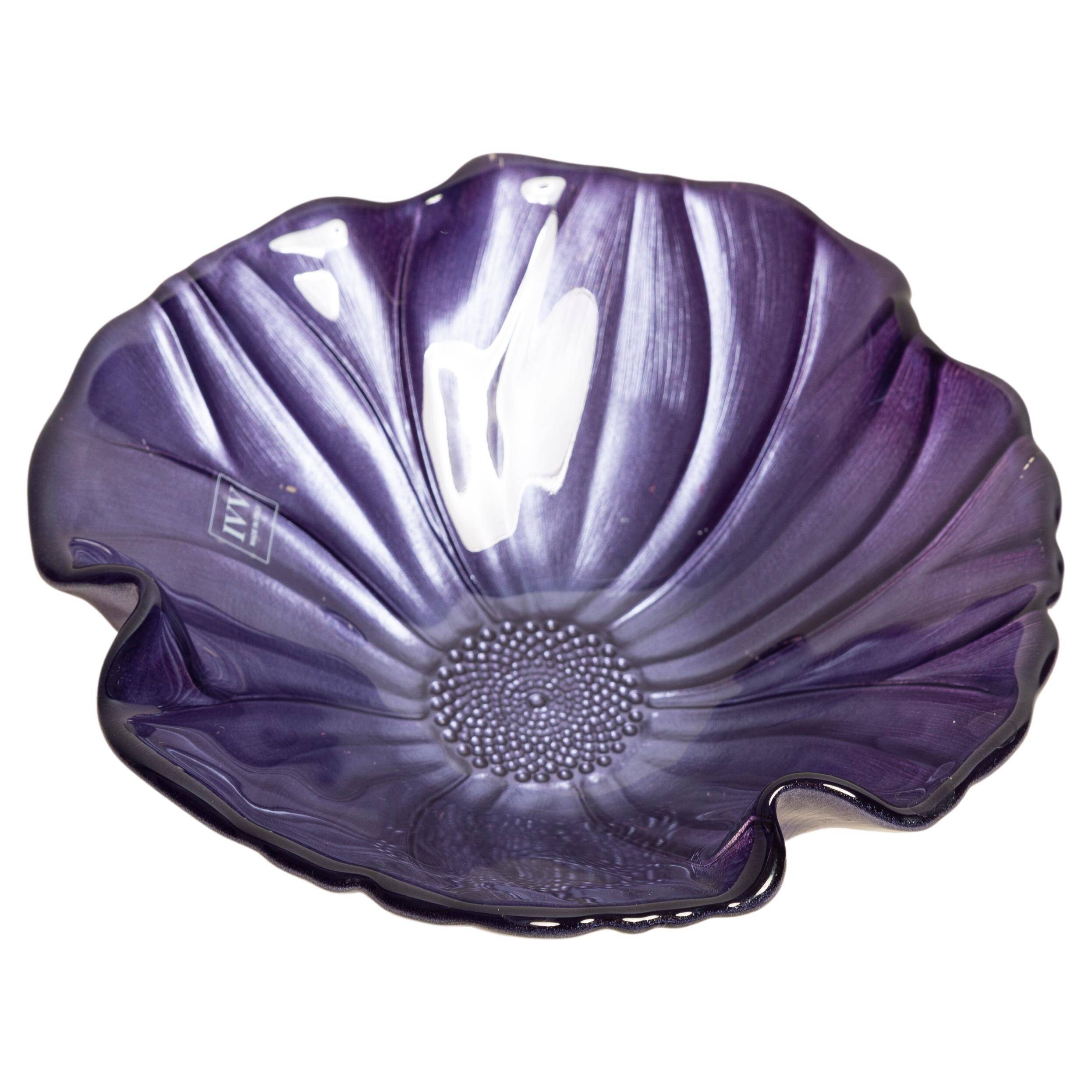 Vintage decorative glass plate in purple with flower pattern, Italy, 1960s.
