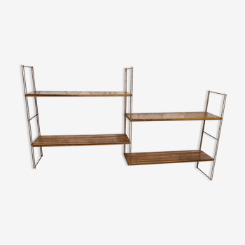 Etagere String acier faux bois, montants torsadé or 1960