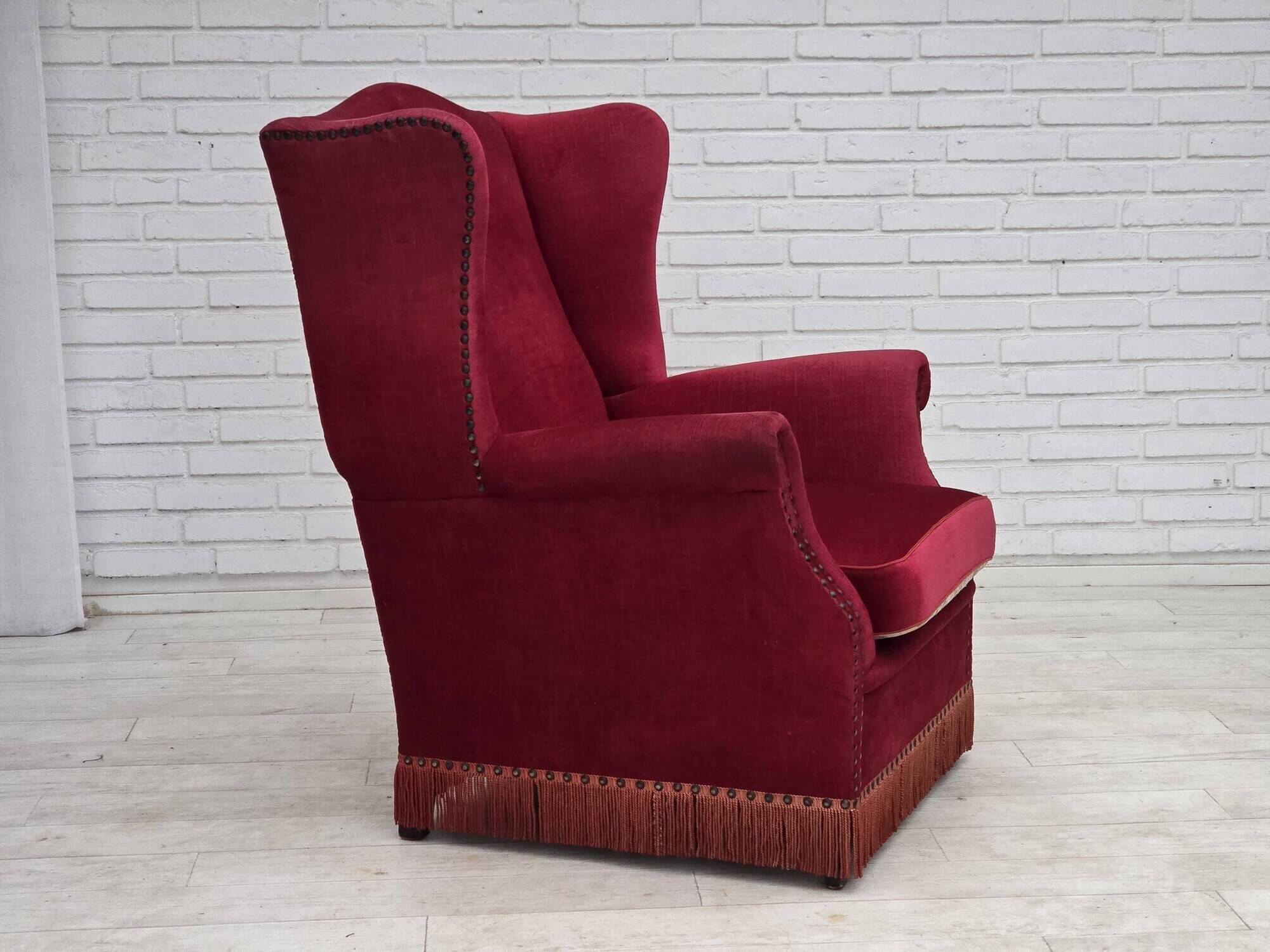 1970s, Danish highback armchair, furniture velour, ash wood legs.