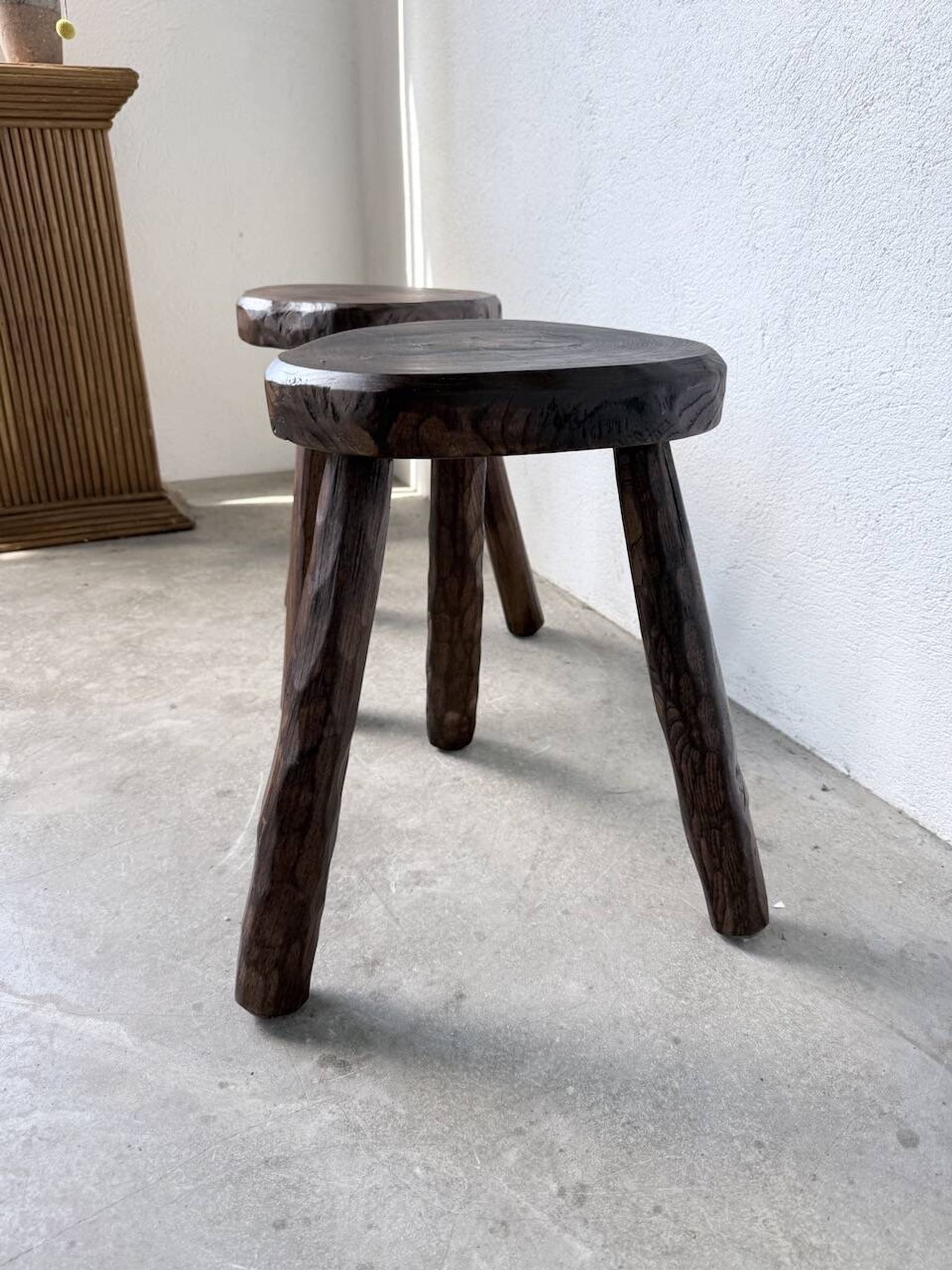 Pair of tripod stools in oak