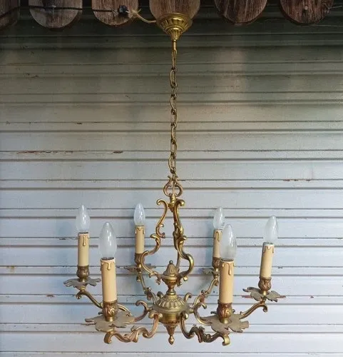 Antique cage chandelier in bronze, 6 lights, Louis XV style, in working condition, 4.8 kg.