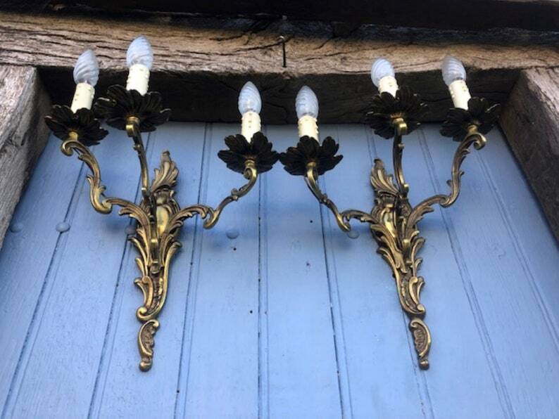 Pair of French Vintage Rococo Gilt Bronze Wall Sconces: Ornate 3-Arm Lamps