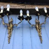 Pair of French Vintage Rococo Gilt Bronze Wall Sconces: Ornate 3-Arm Lamps