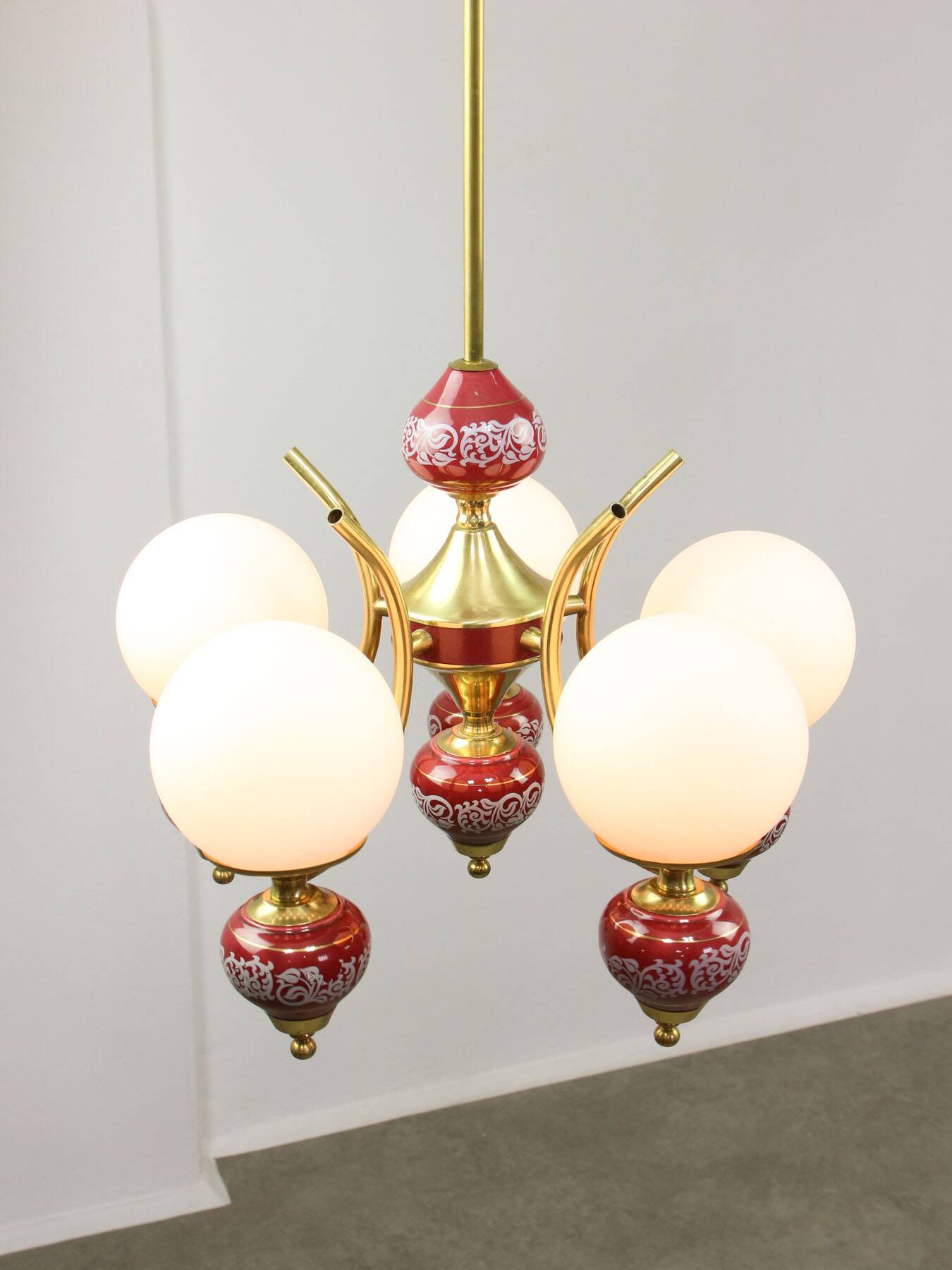 Mid-Century Italian Brass, Opaline & Ceramic Chandelier
