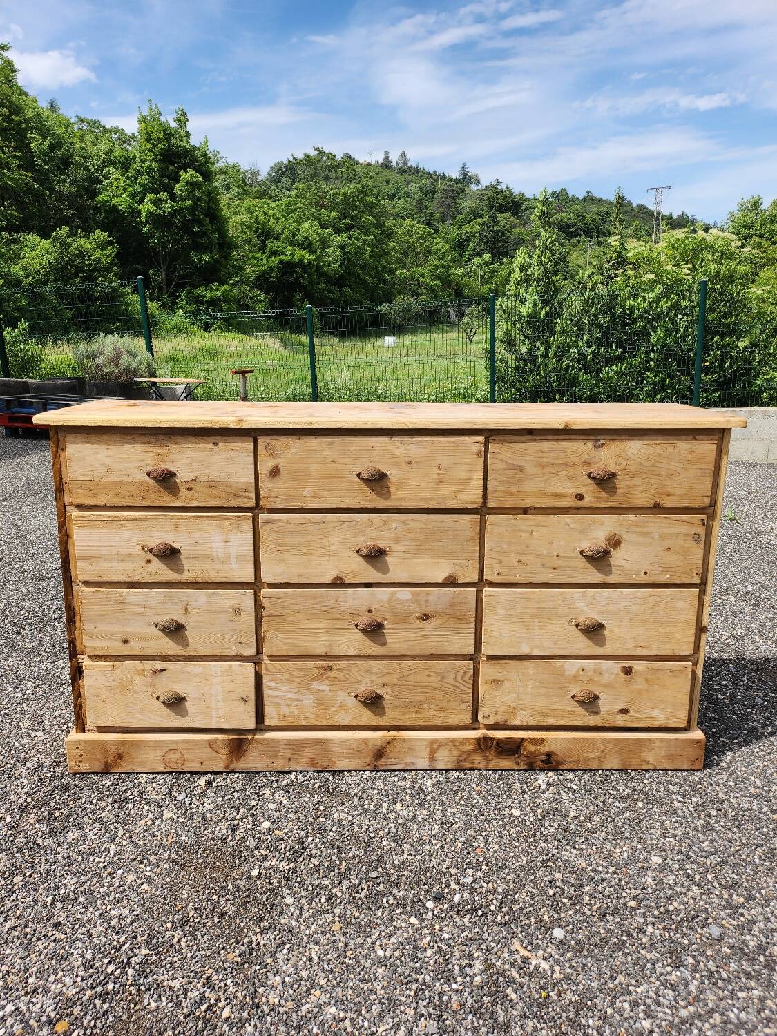 Antique fir wood workshop cabinet with drawers