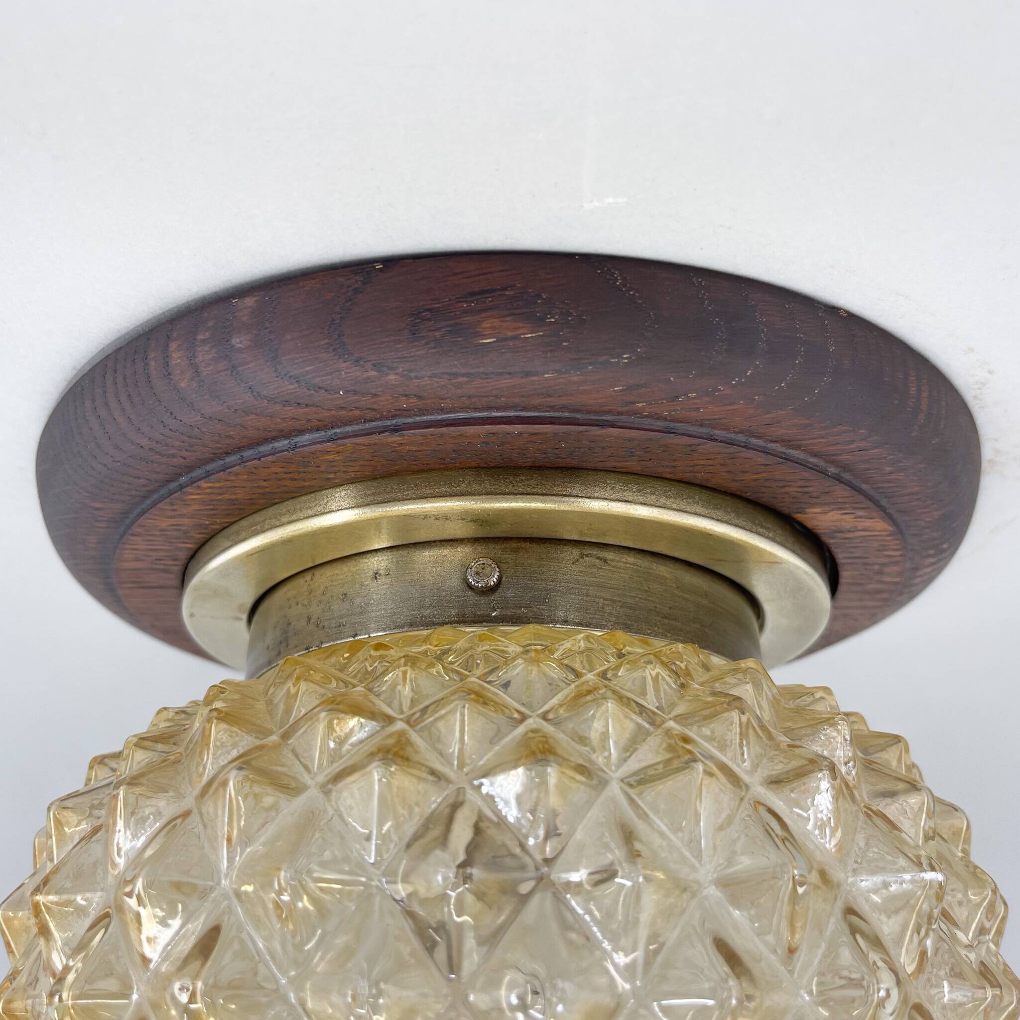 Mid-century wood & glass flush mount, 1960's