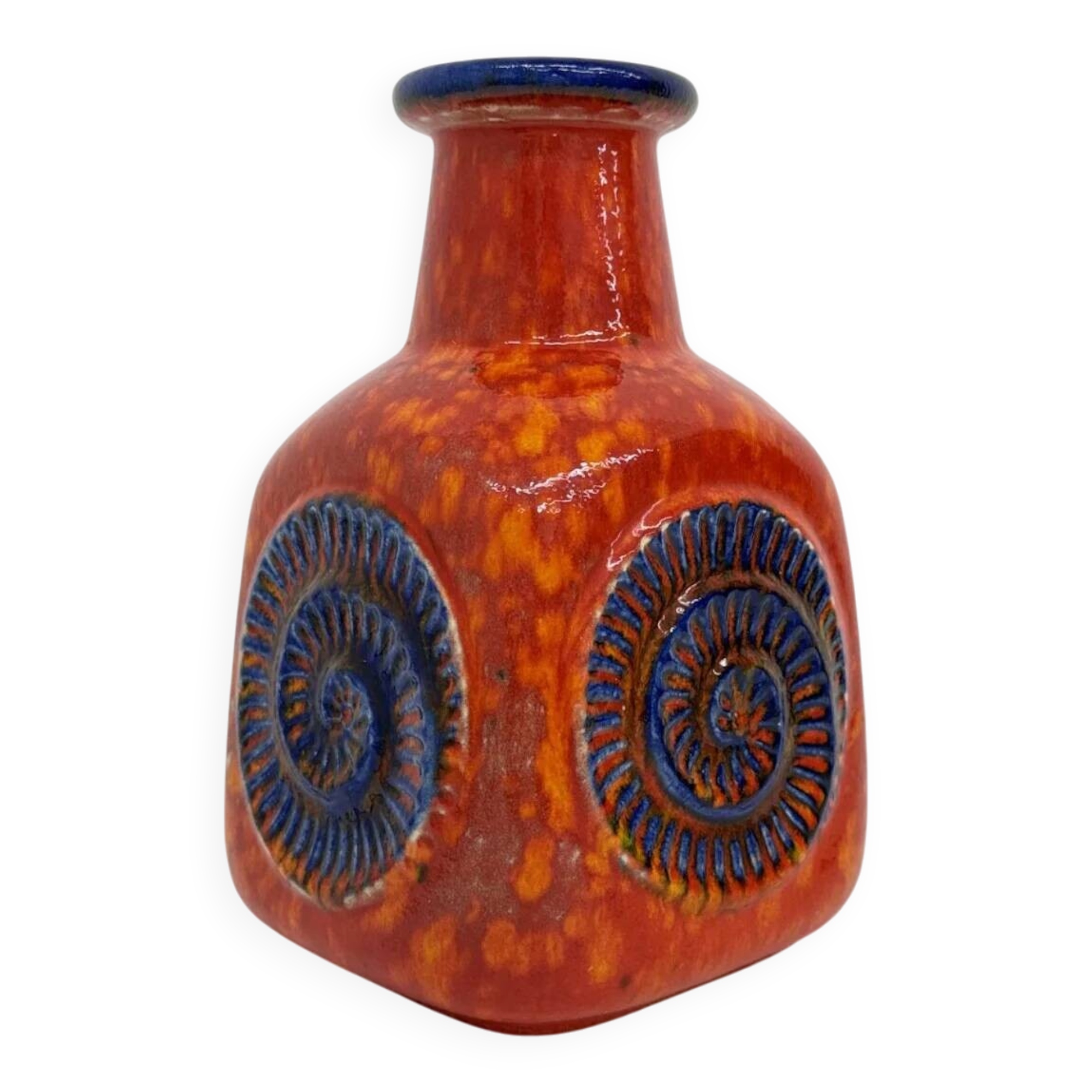 Scheurich West Germany Bay ceramic vase orange with blue fossils, 1970s