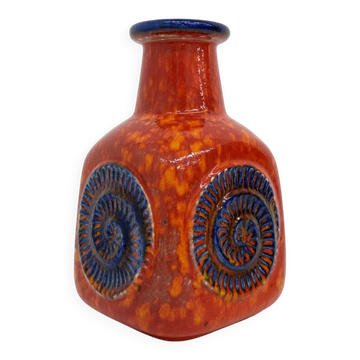 Scheurich West Germany Bay ceramic vase orange with blue fossils, 1970s