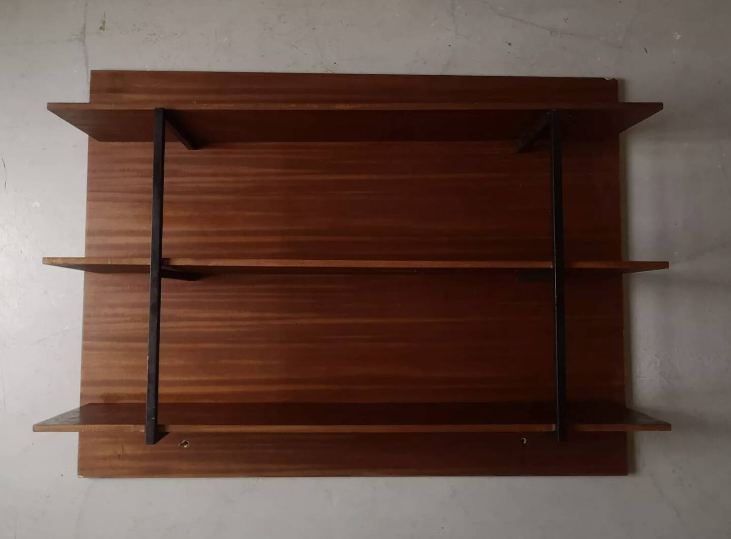 wall-mounted bookcase in wood and black metal, Scandinavian design 1970