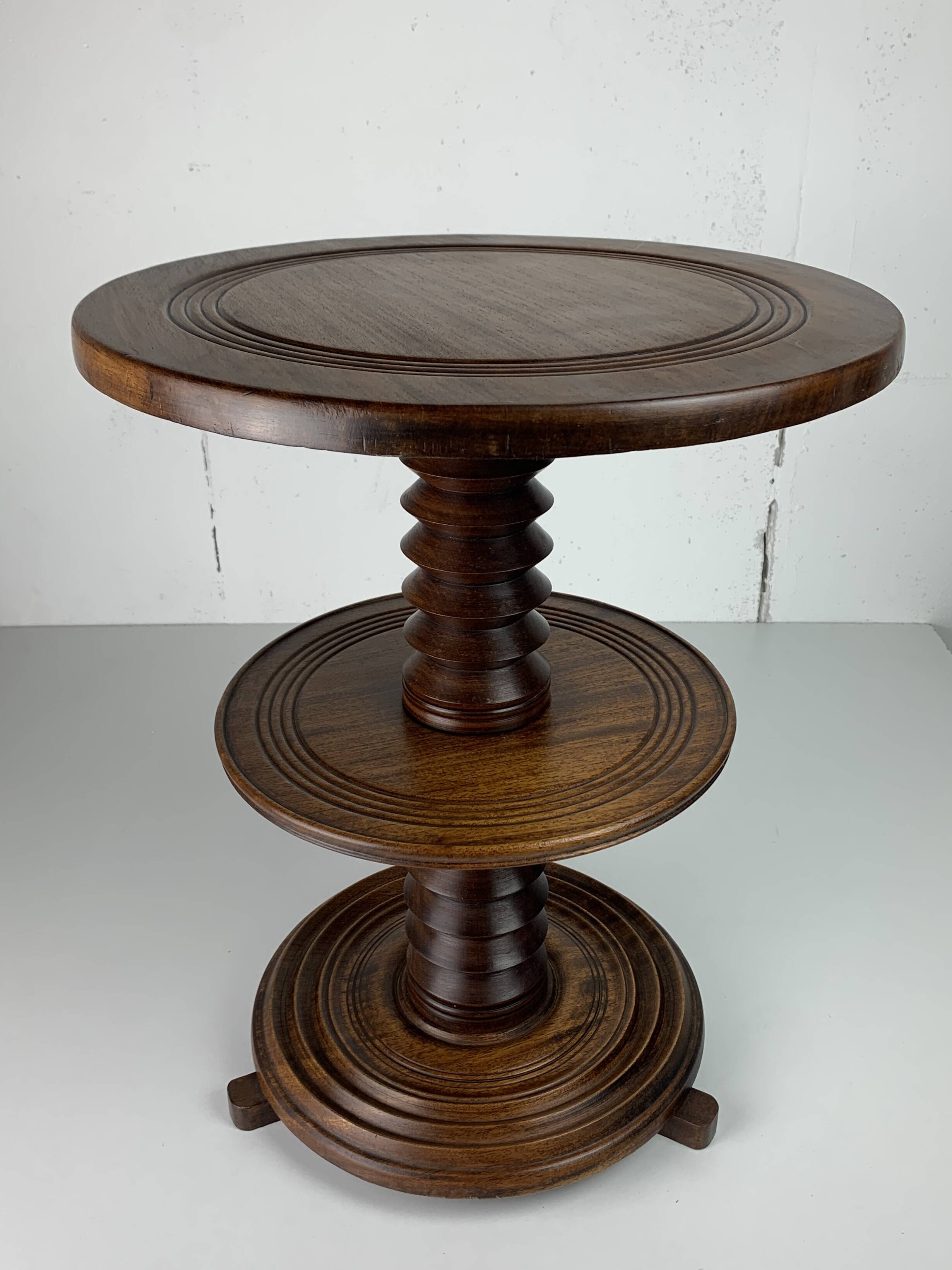 Brutalist Wood Turned Screw Press Side Table in the style of Dudouyt