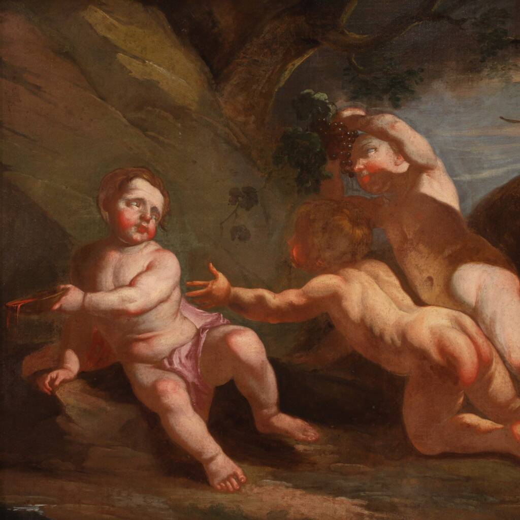 Antique Italian painting from the 17th century, bacchanal of cherubs