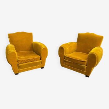 Pair of 1940s Club armchairs in mustache-shaped velvet