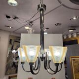 Ceiling light / Chandelier Atelier Petitot Paris, glass and nickel-plated metal, Art Deco, 1930s – France