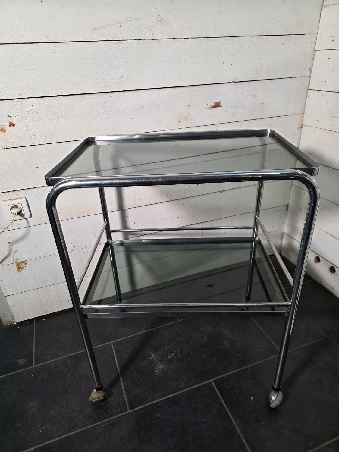 Vintage chrome metal dessert trolley with smoked glass from the 1970s.