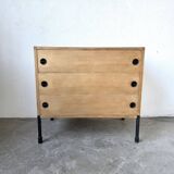 Three-drawer commode ARP — Minvielle, oak and lacquered metal, France, years