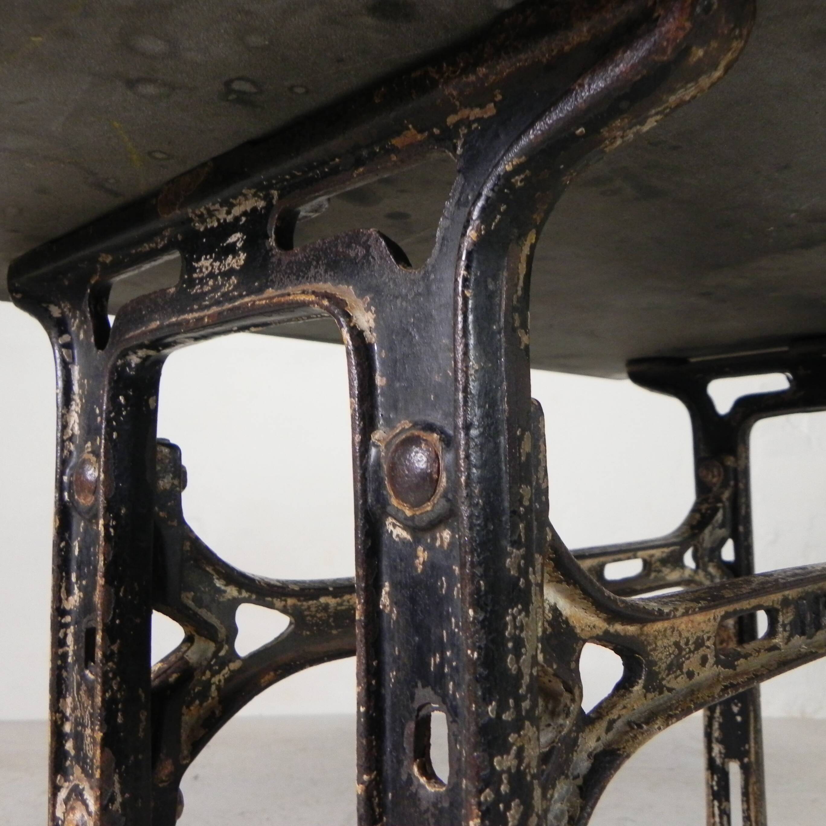Industrial table, garden table with hard stone slab on cast iron frame, 1930s