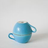 Pair of digoin sarreguemines cups textured sky blue and gold edging 1950