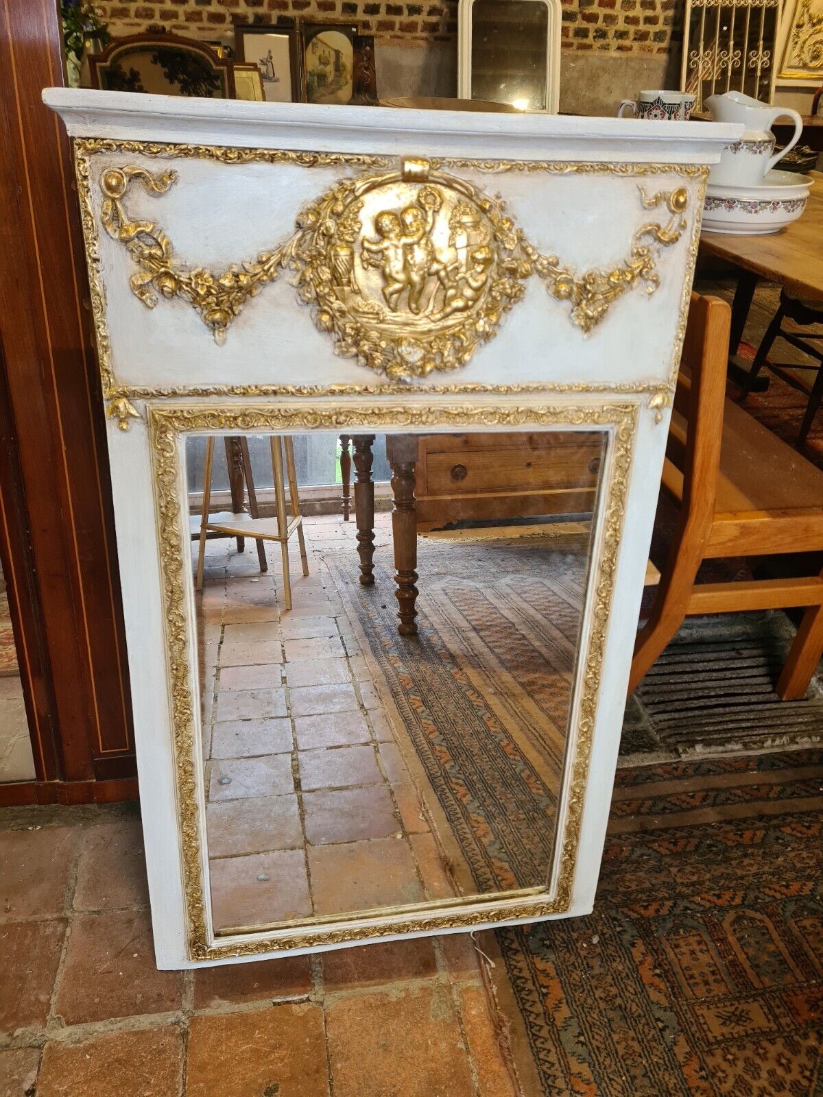 Patinated trumeau mirror beige and gold