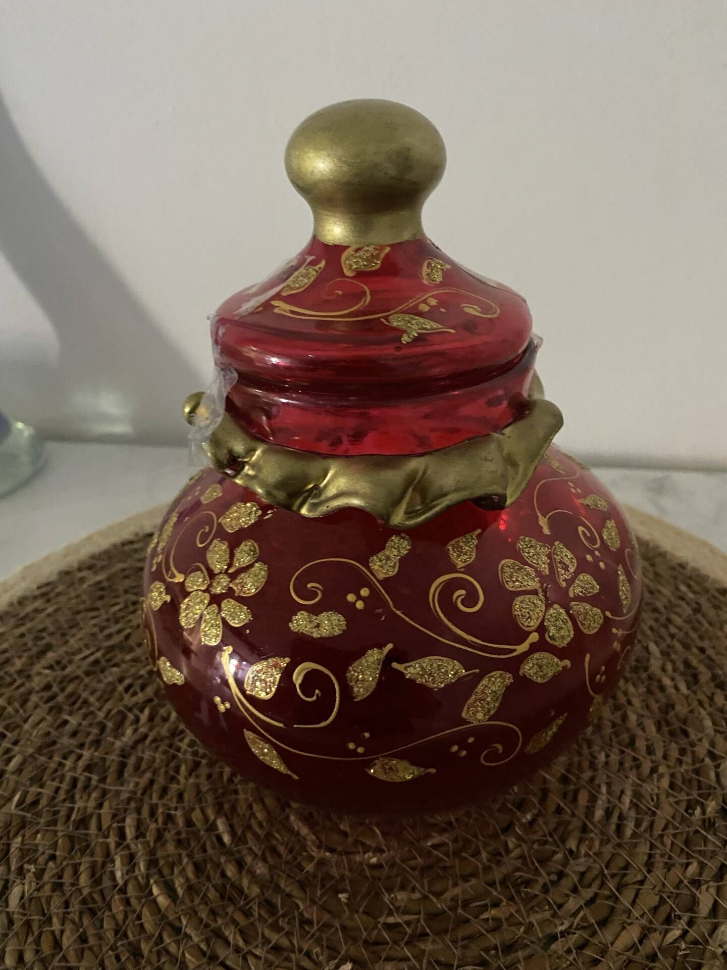 Antique ruby red glass sweet jar with floral gilding – Decorat