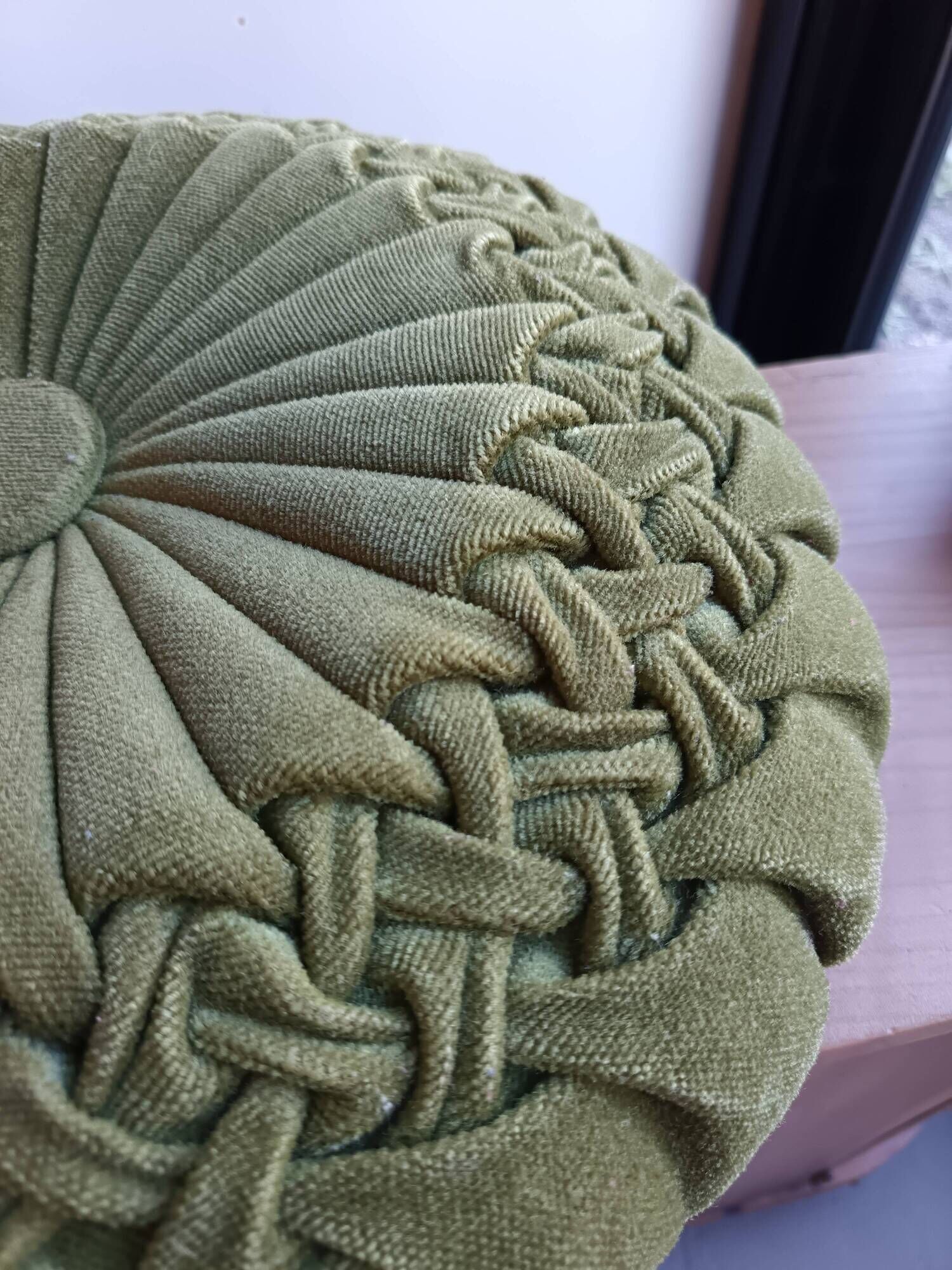 Vintage khaki velvet cushion in new condition.