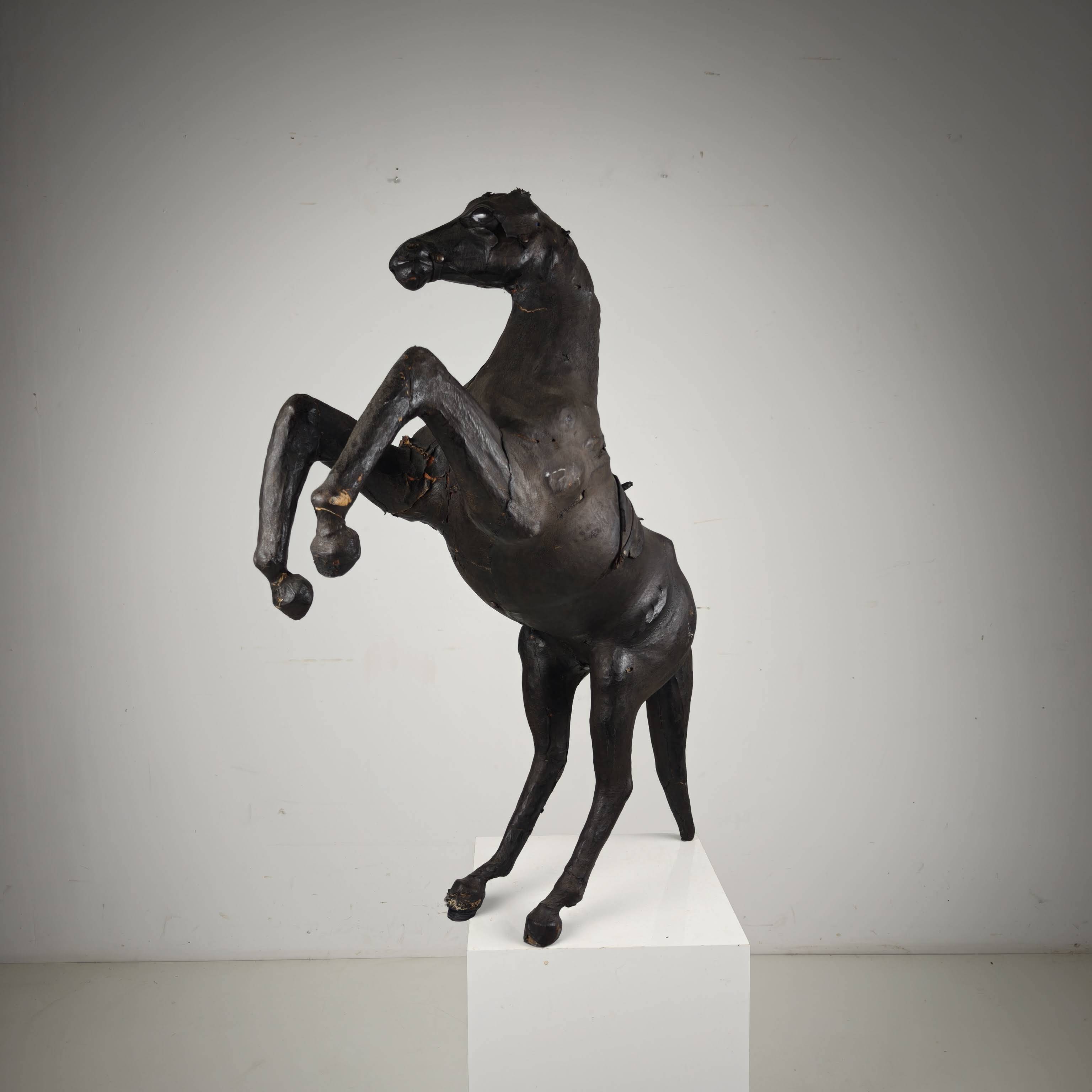 Early 20th Century Antique Leather Horse Sculpture with Glass Eyes
